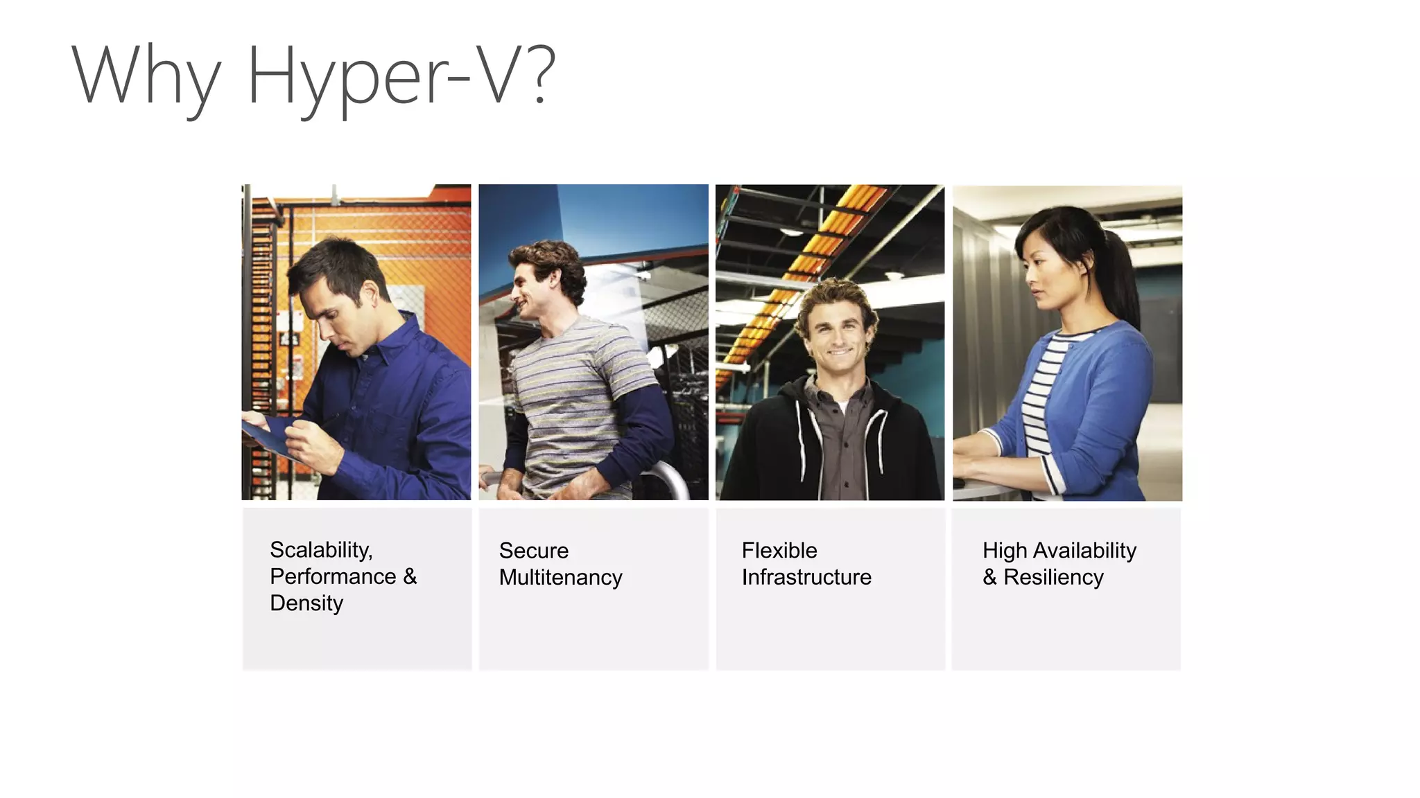 Why Hyper-V?
Scalability,
Performance &
Density
Secure
Multitenancy
Flexible
Infrastructure
High Availability
& Resiliency
 