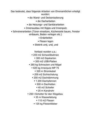 Das bedeutet, dass folgende Arbeiten von Ehrenamtlichen erledigt
                               wurden:
                • die Wand- und Deckenisolierung
                         • die Dacharbeiten
               • die Heizungs- und Sanitärarbeiten
            • Innenausbau mit Rigips und Innenputz
• Schreinerarbeiten (Türen einsetzen, Küchenzeile bauen, Fenster
                  einbauen, Boden verlegen etc.)
                            • Erdarbeiten
                           • Fliesen legen
                      • Elektrik und, und, und

                        Verbaut wurden u.a.:
                     200 m2 Schweißbahnen
                         300 m2 Gipskarton
                        300 m2 USB-Platten
                  285 kg Schrauben und Nägel
                     625 kg Innenputz MP 75
                         320 m Stromkabel
                       200 m2 Sichtschalung
                      200 m2 Dachdämmung
                        1 200 Dachpfannen
                          500 m Dachlatten
                           40 m2 Schiefer
                           25 m Kanalrohr
                250 t Schotter für den Wegebau
                        35 m Wasserleitung
                           110 m2 Fliesen
                        125 kg Fliesenkleber
 
