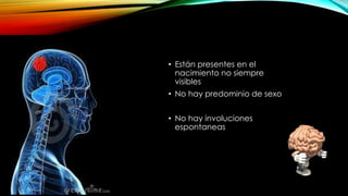 • Están presentes en el
nacimiento no siempre
visibles
• No hay predominio de sexo
• No hay involuciones
espontaneas