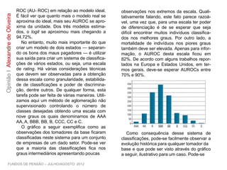 ROC (AU- ROC) em relação ao modelo ideal.
É fácil ver que quanto mais o modelo real se
aproxima do ideal, mais seu AUROC se apro-
xima da unidade. Dos três modelos estima-
dos, o logit se aproximou mais chegando a
94,72%.
No entanto, muito mais importante do que
criar um modelo de dois estados — separan-
do os bons dos maus pagadores — é utilizar
sua saída para criar um sistema de classifica-
ções de vários estados, ou seja, uma escala
de rating. Há várias considerações técnicas
que devem ser observadas para a obtenção
dessa escala como granularidade, estabilida-
de de classificações e poder de discrimina-
ção, dentre outros. De qualquer forma, esta
tarefa pode ser feita de várias maneiras. Utili-
zamos aqui um método de aglomeração não
supervisionado controlando o número de
classes desejadas obtendo uma escala com
nove graus os quais denominamos de AAA
AA, A, BBB, BB, B, CCC, CC e C.
O gráfico a seguir exemplifica como as
observações dos tomadores da base ficaram
classificadas neste sistema para um conjunto
de empresas de um dado setor. Pode-se ver
que a maioria das classificações fica nos
graus intermediários apresentando poucas
observações nos extremos da escala. Quali-
tativamente falando, este fato parece razoá-
vel, uma vez que, para uma escala ter poder
de diferenciação é de se esperar que seja
difícil encontrar muitos indivíduos classifica-
dos nos melhores graus. Por outro lado, a
mortalidade de indivíduos nos piores graus
também deve ser elevada. Apenas para infor-
mação, o AUROC desta escala ficou em
82%. De acordo com alguns trabalhos repor-
tados na Europa e Estados Unidos, em ter-
mos gerais, deve-se esperar AUROCs entre
70% e 90%.
Como consequência desse sistema de
classificações, pode-se facilmente observar a
evolução histórica para qualquer tomador da
base e que pode ser visto através do gráfico
a seguir, ilustrativo para um caso. Pode-se
FUNDOS DE PENSÃO – JULHO/AGOSTO 2012
OpiniãoIAlexandredeOliveira
 
