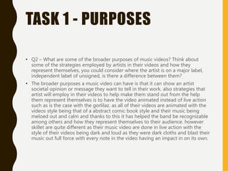 TASK 1 - PURPOSES
• Q2 – What are some of the broader purposes of music videos? Think about
some of the strategies employed by artists in their videos and how they
represent themselves, you could consider where the artist is on a major label,
independent label of unsigned, is there a difference between them?
• The broader purposes a music video can have is that it can show an artist
societal opinion or message they want to tell in their work. also strategies that
artist will employ in their videos to help make them stand out from the help
them represent themselves is to have the video animated instead of live action
such as is the case with the gorlilaz. as all of their videos are animated with the
videos style being that of a abstract comic book style and their music being
meloed out and calm and thanks to this it has helped the band be recognizable
among others and how they represent themselves to their audience. however
skillet are quite different as their music video are done in live action with the
style of their videos being dark and loud as they were dark cloths and blast their
music out full force with every note in the video having an impact in on its own.
 