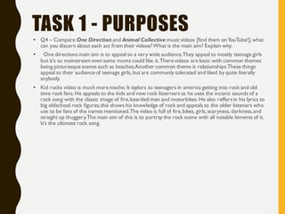TASK 1 - PURPOSES
• Q4 – Compare One Direction and Animal Collective musicvideos [find them onYouTube!],what
can you discern about each act from their videos?What is the main aim? Explain why.
• One directions main aim is to appeal to a very wide audience.They appeal to mostly teenage girls
but it's so mainstream even some mums could like it.There videos are basic with common themes
being picturesque scenes such as beaches.Another common theme is relationships.These things
appeal to their audience of teenage girls,but are commonly tolerated and liked by quite literally
anybody.
• Kid rocks video is much more nieche.It taylors to teenagers in america getting into rock and old
time rock fans.He appeals to the kids and new rock listerners as he uses the inconic sounds of a
rock song with the classic image of fire,bearded men and motorbikes.He also reffersin his lyrics to
big oldschool rock figures,this shows his knowledge of rock and appeals to the older listeners who
use to be fans of the names mentioned.The video is full of fire,bikes, girls,scaryness,darkness,and
straight up thuggery.The main aim of this is to portray the rock scene with all notable lements of it.
It’s the ultimate rock song.
 