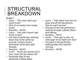 STRUCTURAL
BREAKDOWN
Bridge 1:
• Lyrics - "This town don't got
much to do"
• Shot of an empty/near empty
street
• Duration - 00:04
• Lyrics - "You and I haven't got
much to lose"
• Full shot of performer walking
down that street while lip-
syncing. Camera moves
backwards while they walk
forward.
• Duration - 00:03
• Lyrics - "So do you wanna rot in
your room like we always do?"
• Overhead shot of two
performers falling down
• Lyrics - "Talk about how fast we
grew and all the big dreams
that we won't pursue"
• Closeup of the two performers
looking through a photo album
and talking
• Duration – 00:07
• Lyrics - "Then get in your car
and laugh 'til we both turn blue"
• Cut back to the performer
walking down the road lip-
syncing.
• Duration - 00:06
 