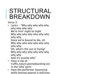 STRUCTURAL
BREAKDOWN
Verse 3:
• Lyrics - "Why why why why why
why why why why
We're livin' night to night
Why why why why why why why
why why
Since we're bound to die, oh
Why why why why why why why
why why
Oh, what's the use in trying?
Why why why why why why why
why why
And it's exactly why"
• Have a clip of
traffic,nature,pennyboarding ect
in the 'why' parts
• Have the performer lipsyncing
while leaning against a wall,tree,
 