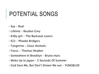 POTENTIAL SONGS
• Say – Ruel
• Lifeline – Reuben Grey
• Kilby girl – The Backseat Lovers
• ICU – Phoebe Bridgers
• Tangerine – Glass Animals
• Focus – Thomas Headon
• Somewhere In Brooklyn – Bruno mars
• Woke Up In Japan – 5 Seconds Of Summer
• God Save Me, But Don’t Drown Me out – YUNGBLUD
 