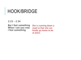 HOOK/BRIDGE
2:23 – 2:34
But I feel something
When I see you now
I feel something
She is running down a
road so that she can
finally go home to be
at piece.
 