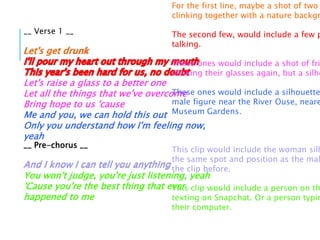 __ Verse 1 __
Let's get drunk
Let's raise a glass to a better one
Let all the things that we've overcome
Bring hope to us 'cause
Me and you, we can hold this out
Only you understand how I'm feeling now,
yeah
For the first line, maybe a shot of two
clinking together with a nature backgr
The second few, would include a few p
talking.
These ones would include a shot of fri
clinking their glasses again, but a silho
These ones would include a silhouette
male figure near the River Ouse, neare
Museum Gardens.
__ Pre-chorus __
And I know I can tell you anything
You won't judge, you're just listening, yeah
'Cause you're the best thing that ever
happened to me
This clip would include the woman silh
the same spot and position as the mal
the clip before.
This clip would include a person on th
texting on Snapchat. Or a person typin
their computer.
 