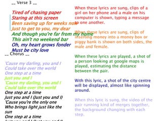 When these lyrics are sung, clips of a
girl on her phone and a male on his
computer is shown, typing a message
to one another.
When these lyrics are sung, clips of
inserting money into a money box or
piggy bank is shown on both sides, the
male and female.
When these lyrics are played, a shot of
a person looking at google maps is
played, estimating the distance
between the pair.
With this lyric, a shot of the city centre
will be displayed, almost like spinning
around.
When this lyric is sung, the video of the
pair running kind of merges together,
the background changing with each
step.
__ Verse 3 __
Tired of chasing paper
Staring at this screen
Been saving up for weeks now
Just to get to you, my dear
And though you're far from my home
This ain't no weekend bar
Oh, my heart grows fonder
Must be city love
__ Chorus __
'Cause my darling, you and I
Could take over the world
One step at a time
Just you and I
'Cause my darling, you and I
Could take over the world
One step at a time
Just you and I (Just you and I)
'Cause you're the only one
Who brings light just like the
sun
One step at a time
 
