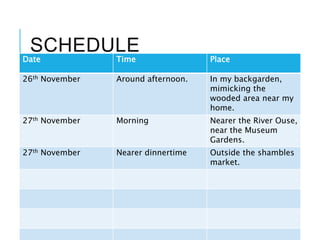 SCHEDULE
Date Time Place
26th November Around afternoon. In my backgarden,
mimicking the
wooded area near my
home.
27th November Morning Nearer the River Ouse,
near the Museum
Gardens.
27th November Nearer dinnertime Outside the shambles
market.
 