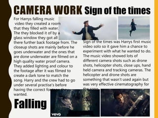 CAMERA WORK Sign of the times
Falling
Sign of the times was Harrys first music
video solo so it gave him a chance to
experiment with what he wanted to do.
The music video showed lots of
different camera shots such as drone
shots, helicopter shots, close ups, hand
held camera and tracking cameras. The
helicopter and drone shots are
something that wasn’t used again but
was very effective cinematography for
the song.
For Harrys falling music
video they created a room
that they filled with water.
The they blocked it of by a
glass window they got all
there further back footage from. The
closeup shots are mainly before he
goes underwater and the ones that
are done underwater are filmed on a
high quality water proof camera.
They added lighting and colour to
the footage after it was filmed to
create a dark tone to match the
song. Harry and the crew had to go
under several practise's before
having the correct footage they
wanted.
 