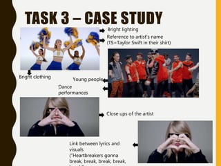 TASK 3 – CASE STUDY
Reference to artist's name
(TS=Taylor Swift in their shirt)
Young people
Dance
performances
Bright clothing
Close ups of the artist
Bright lighting
Link between lyrics and
visuals
(“Heartbreakers gonna
break, break, break, break,
 