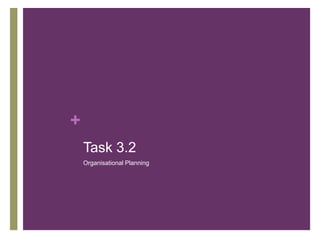 +
Task 3.2
Organisational Planning
 