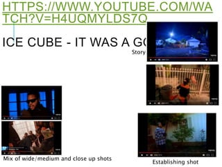 HTTPS://WWW.YOUTUBE.COM/WA
TCH?V=H4UQMYLDS7Q
ICE CUBE - IT WAS A GOOD DAY
Establishing shot
Mix of wide/medium and close up shots
Story
 