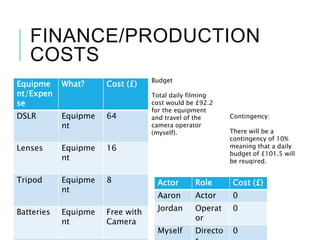 FINANCE/PRODUCTION
COSTS
Equipme
nt/Expen
se
What? Cost (£)
DSLR Equipme
nt
64
Lenses Equipme
nt
16
Tripod Equipme
nt
8
Batteries Equipme
nt
Free with
Camera
Budget
Total daily filming
cost would be £92.2
for the equipment
and travel of the
camera operator
(myself).
Actor Role Cost (£)
Aaron Actor 0
Jordan Operat
or
0
Myself Directo 0
Contingency:
There will be a
contingency of 10%
meaning that a daily
budget of £101.5 will
be reuqired.
 