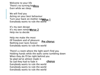 Welcome to your life
There's no turning back
Even while we sleep
We will find you
Acting on your best behaviour
Turn your back on mother nature
Everybody wants to rule the world
It's my own design
It's my own remorse
Help me to decide
Help me make the most
Of freedom and of pleasure
Nothing ever lasts forever
Everybody wants to rule the world
There's a room where the light won't find you
Holding hands while the walls come tumbling down
When they do I'll be right behind you
So glad we've almost made it
So sad they had to fade it
Everybody wants to rule the world
Everybody wants to rule the world
Everybody wants to rule the world
intro
Verse 1
Verse 2
Pre chorus
chorus
 