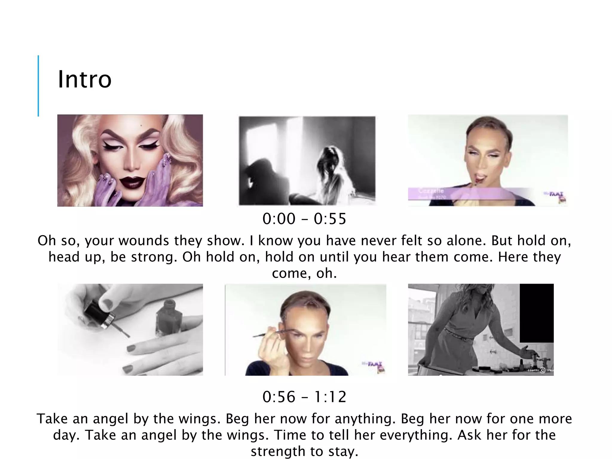 Intro
Oh so, your wounds they show. I know you have never felt so alone. But hold on,
head up, be strong. Oh hold on, hold on until you hear them come. Here they
come, oh.
0:00 – 0:55
Take an angel by the wings. Beg her now for anything. Beg her now for one more
day. Take an angel by the wings. Time to tell her everything. Ask her for the
strength to stay.
0:56 – 1:12
 