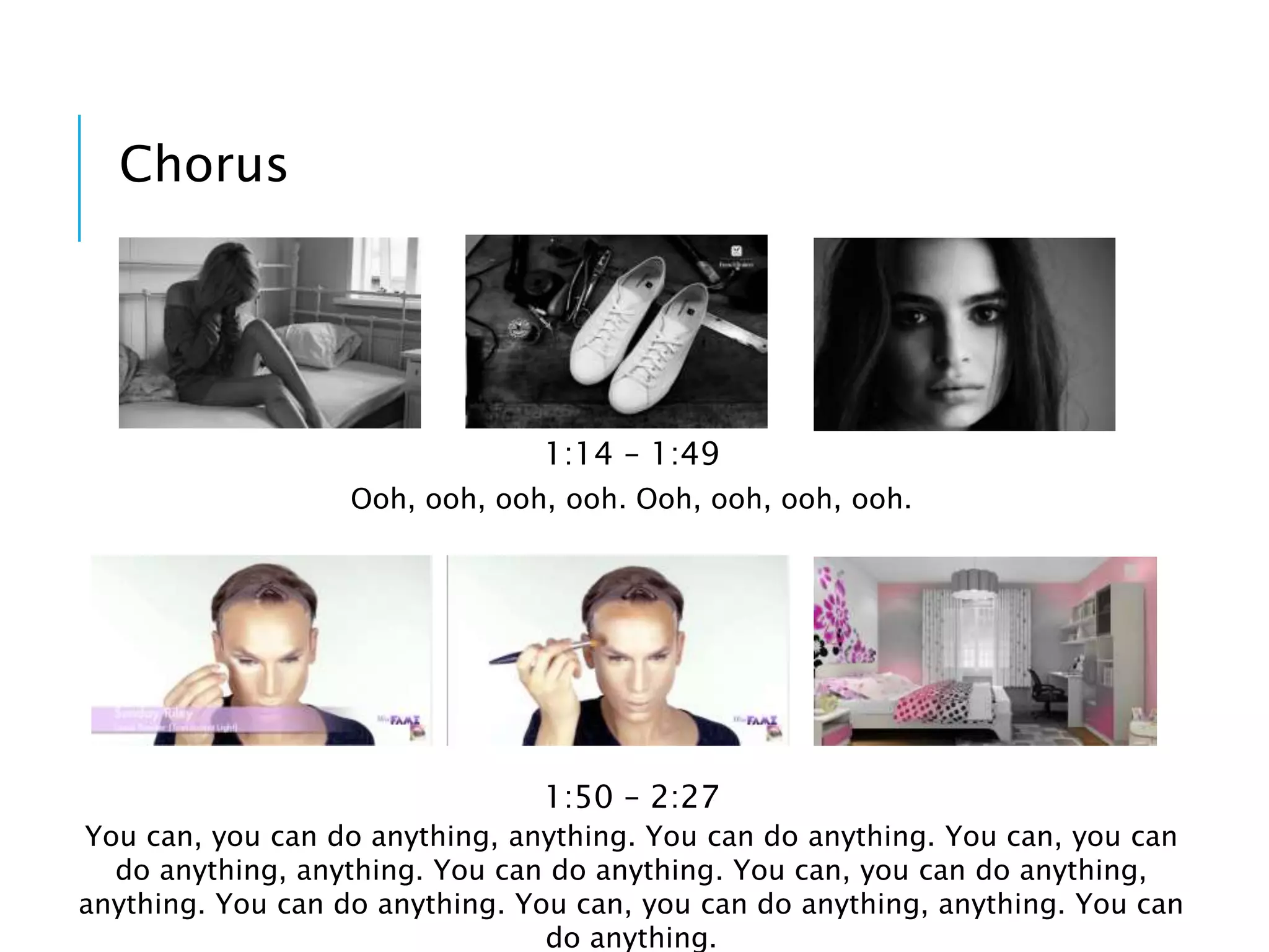Chorus
Ooh, ooh, ooh, ooh. Ooh, ooh, ooh, ooh.
1:14 – 1:49
You can, you can do anything, anything. You can do anything. You can, you can
do anything, anything. You can do anything. You can, you can do anything,
anything. You can do anything. You can, you can do anything, anything. You can
do anything.
1:50 – 2:27
 