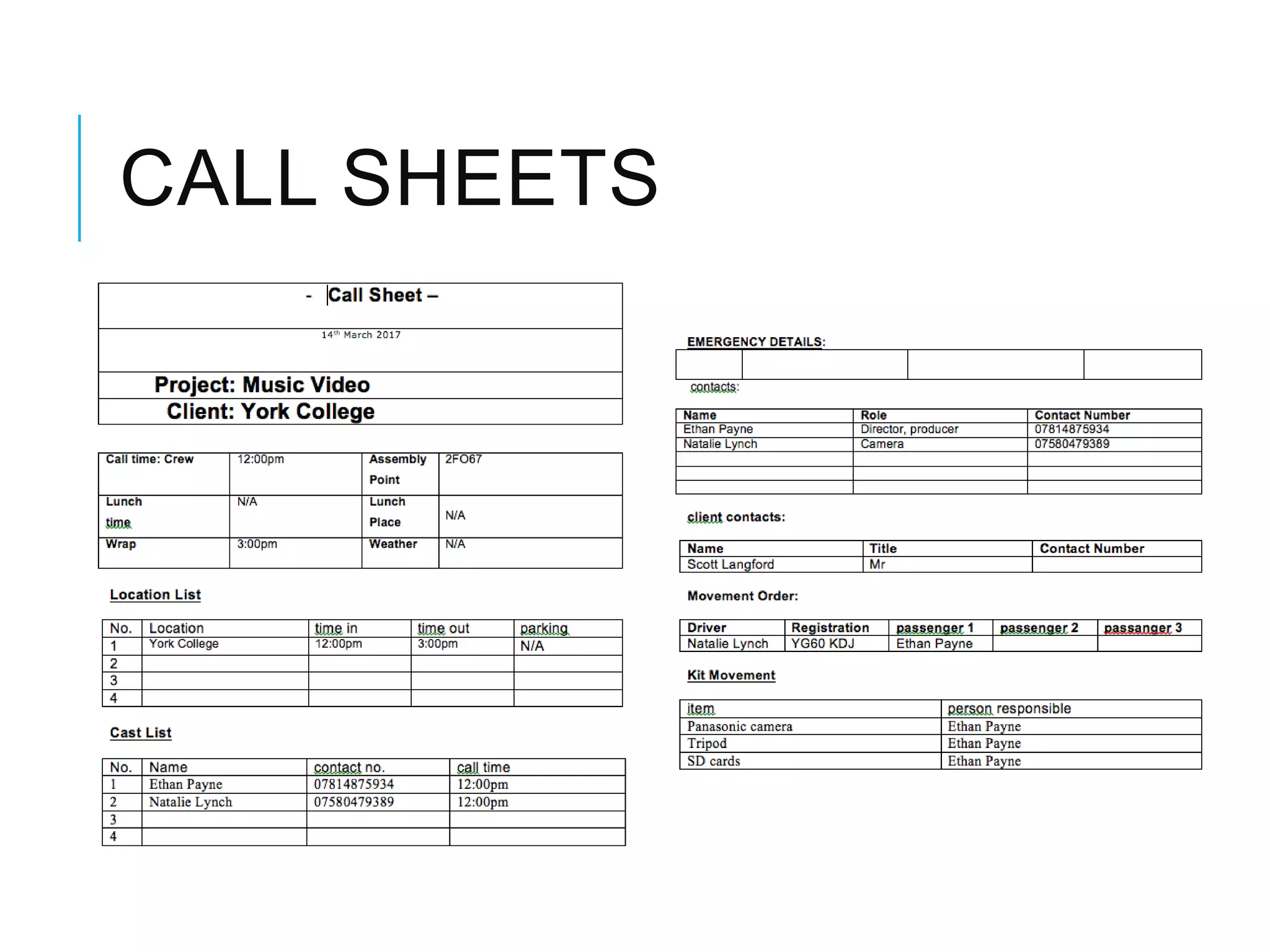 CALL SHEETS
 