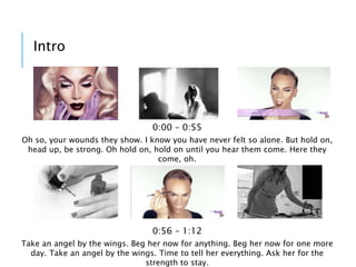 Intro
Oh so, your wounds they show. I know you have never felt so alone. But hold on,
head up, be strong. Oh hold on, hold on until you hear them come. Here they
come, oh.
0:00 – 0:55
Take an angel by the wings. Beg her now for anything. Beg her now for one more
day. Take an angel by the wings. Time to tell her everything. Ask her for the
strength to stay.
0:56 – 1:12
 