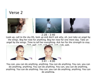 Verse 2
Look up, call to the sky Oh, look up and don't ask why, oh. Just take an angel by
the wings. Beg her now for anything. Beg her now for one more day. Take an
angel by the wings. Time to tell her everything. Ask her for the strength to stay.
Ooh, ooh, ooh, ooh. Ooh, ooh, ooh, ooh.
2:28 – 3:40
You can, you can do anything, anything. You can do anything. You can, you can
do anything, anything. You can do anything. You can, you can do anything,
anything. You can do anything. You can, you can do anything, anything. You can
do anything.
3:41 – 4:00
 