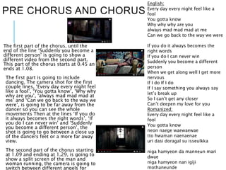 PRE CHORUS AND CHORUS
English:
Every day every night feel like a
fool
You gotta know
Why why why are you
always mad mad mad at me
Can we go back to the way we were
If you do it always becomes the
right words
If you do I can never win
Suddenly you become a different
person
When we get along well I get more
nervous
If I do If I do
If I say something you always say
let’s break up
So I can’t get any closer
Can’t deepen my love for you
Romanized:
Every day every night feel like a
fool
You gotta know
neon naege waewaewae
tto hwaman naenaenae
uri dasi doragal su isseulkka
niga hamyeon da manneun mari
dwae
niga hamyeon nan igiji
mothaneunde
The first part of the chorus, until the
end of the line ‘Suddenly you become a
different person’ is going to show a
different video from the second part.
This part of the chorus starts at 0.45 an
ends at 1.08.
The first part is going to include
dancing. The camera shot for the first
couple lines, ‘Every day every night feel
like a fool’, ‘You gotta know’, ‘Why why
why are you’, ‘always mad mad mad at
me’ and ‘Can we go back to the way we
were’, is going to be far away from the
dancer so you can see the whole
movements Then at the lines ‘If you do
it always becomes the right words’, ‘If
you do I can never win’ and ‘Suddenly
you become a different person’, the
shot is going to go between a close up
of the dancers feet or a more far away
view.
The second part of the chorus starting
at 1.09 and ending at 1.29, is going to
show a split screen of the man and
woman running, the camera is going to
switch between different angels for
 