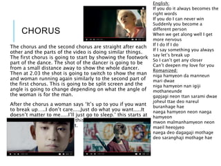 CHORUS
English:
If you do it always becomes the
right words
If you do I can never win
Suddenly you become a
different person
When we get along well I get
more nervous
If I do If I do
If I say something you always
say let’s break up
So I can’t get any closer
Can’t deepen my love for you
Romanized:
niga hamyeon da manneun
mari dwae
niga hamyeon nan igiji
mothaneunde
gapjagi neon ttan sarami dwae
joheul ttae deo nareul
buranhage hae
naega hamyeon neon naega
hamyeon
mwon malmanhamyeon neon
maeil heeojyeo
naega deo dagagaji mothage
deo saranghaji mothage hae
The chorus and the second chorus are straight after each
other and the parts of the video is doing similar things.
The first chorus is going to start by showing the footwork
part of the dance. The shot of the dancer is going to be
from a small distance away to show the whole dancer.
Then at 2.03 the shot is going to switch to show the man
and woman running again similarly to the second part of
the first chorus. This is going to be split screen and the
angle is going to change depending on what the angle of
the woman is for the man.
After the chorus a woman says ‘It’s up to you if you want
to break up…..I don’t care.....Just do what you want.....It
doesn’t matter to me.....I’ll just go to sleep.’ this starts at
2.30 and ends at 2.43. For this part i am going to have the
woman lipsynch saying that.
 