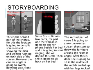 STORYBOARDING
This is the second
part of the chorus,
for this the footage
is going to be split
screened and
showing the man
and woman running
on each side of the
screen. However the
camera angle is
going to switch
between side, front
Verse 3 is split into
two parts, for part
one the woman is
going to put her
phone beside her bed
and it is going to start
ringing, she will
decline this call. Then
she is going to sit
back on her bed.
Pre chorus and
chorus.
Verse 3. Verse 3.
The second part of
verse 3 is going to
show the woman
scream then start to
throw the furniture
around the room in
anger. After this is
done she is going to
sit in the middle of
the rubble curled up
with her legs tucked
 