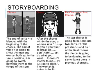 STORYBOARDING
The end of verse 4 is
blended with the
beginning of the
chorus. The end of
verse 4 is going to
show the man and
woman both sat in the
same position, it is
going to switch
between them to the
tempo of the song.
Chorus. Chorus. Pre Chorus and Last
Chorus.
The last chorus is
going to be split into
two parts. For the
pre chorus and half
of the final chorus
the dancer is going
to be dancing to the
same dance done in
previous choruses.
After the chorus
within the song a
woman says ‘It’s up
to you if you want
to break up…..I
don’t care.....Just
do what you
want.....It doesn’t
matter to me.....I’ll
just go to sleep.’.
The woman is
 