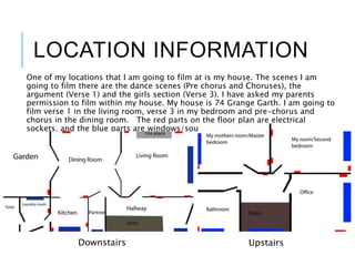 LOCATION INFORMATION
One of my locations that I am going to film at is my house. The scenes I am
going to film there are the dance scenes (Pre chorus and Choruses), the
argument (Verse 1) and the girls section (Verse 3). I have asked my parents
permission to film within my house. My house is 74 Grange Garth. I am going to
film verse 1 in the living room, verse 3 in my bedroom and pre-chorus and
chorus in the dining room. The red parts on the floor plan are electrical
sockets, and the blue parts are windows/sources of light.
Downstairs Upstairs
 