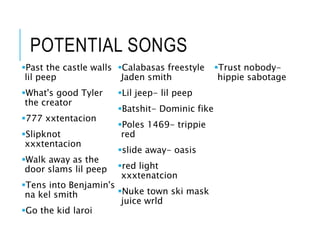 POTENTIAL SONGS
Past the castle walls
lil peep
What's good Tyler
the creator
777 xxtentacion
Slipknot
xxxtentacion
Walk away as the
door slams lil peep
Tens into Benjamin's
na kel smith
Go the kid laroi
Calabasas freestyle
Jaden smith
Lil jeep- lil peep
Batshit- Dominic fike
Poles 1469- trippie
red
slide away- oasis
red light
xxxtenatcion
Nuke town ski mask
juice wrld
Trust nobody-
hippie sabotage
 