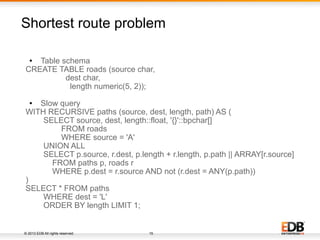 © 2013 EDB All rights reserved. 15
Shortest route problem
● Table schema
CREATE TABLE roads (source char,
dest char,
length numeric(5, 2));
● Slow query
WITH RECURSIVE paths (source, dest, length, path) AS (
SELECT source, dest, length::float, '{}'::bpchar[]
FROM roads
WHERE source = 'A'
UNION ALL
SELECT p.source, r.dest, p.length + r.length, p.path || ARRAY[r.source]
FROM paths p, roads r
WHERE p.dest = r.source AND not (r.dest = ANY(p.path))
)
SELECT * FROM paths
WHERE dest = 'L'
ORDER BY length LIMIT 1;
 