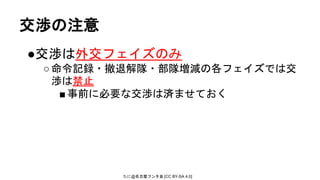 たに@名古屋フンタ会 [CC BY-SA 4.0]
交渉の注意
●交渉は外交フェイズのみ
○命令記録・撤退解隊・部隊増減の各フェイズでは交
渉は禁止
■事前に必要な交渉は済ませておく
 