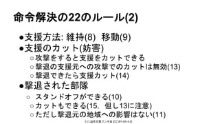 たに@名古屋フンタ会 [CC BY-SA 4.0]
命令解決の22のルール(2)
●支援方法: 維持(8) 移動(9)
●支援のカット(妨害)
○攻撃をすると支援をカットできる
○撃退の支援元への攻撃でのカットは無効(13)
○撃退できたら支援カット(14)
●撃退された部隊
○ スタンドオフができる(10)
○カットもできる(15，但し13に注意)
○ただし撃退元の地域への影響はない(11)
 