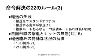 たに@名古屋フンタ会 [CC BY-SA 4.0]
命令解決の22のルール(3)
●輸送の失敗
○輸送先でスタンドオフ(18)
○輸送する海軍が撃退(17)
○複数ルートあるなら一つ成功ルートあれば良い(20)
●自国部隊の撃退とカットの無効(12,16)
●輸送絡みの特殊な状況の解決
○13の例外(21)
○21の例外(22)
 