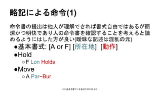 たに@名古屋フンタ会 [CC BY-SA 4.0]
略記による命令(1)
命令書の提出は他人が理解できれば書式自由ではあるが簡
潔かつ明快であり人の命令書を確認することを考えると読
めるようにはした方が良い(曖昧な記述は混乱の元)
●基本書式: [A or F] [所在地] [動作]
●Hold
○F Lon Holds
●Move
○A Par−Bur
 