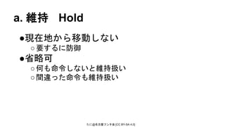 たに@名古屋フンタ会 [CC BY-SA 4.0]
a. 維持 Hold
●現在地から移動しない
○要するに防御
●省略可
○何も命令しないと維持扱い
○間違った命令も維持扱い
 