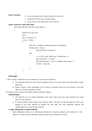 Insert Function: 
1. Go to the position by the hash function for the item X. 
2. Traverse the list to see if X exists already. 
3. It not, insert a new node at the rear of the list. 
Insert routine for open hash table 
Void Insert( Element_Type Key, Hash_Table H ) 
{ 
Position Pos, New_Cell; 
List L; 
Pos = Find( Key, H ); 
if( Pos == NULL ) 
{ 
New_Cell = (Position) malloc(sizeof(struct List_Node)); 
if( New_Cell == NULL ) 
fatal_error("Out of space!!!"); 
} 
} 
Advantages: 
else 
{ 
} 
L = H->The_Lists[ Hash( Key, H->Table Size ) ]; 
New_Cell->next = L->next; 
New_Cell->element = Key; /* Probably need strcpy!! */ 
L->next = New_Cell; 
i) More number of elements can be inserted as it uses array of linked list. 
ii) The elements having the same memory address will be in the same chain and hence leads to faster 
searching. 
iii) Doesn’t require a prior knowledge of the number of elements that are to be stored in the hash 
table (i.e.) dynamic allocation is done. 
iv) It helps to get a uniform and perfect collision resolution hashing. 
Disadvantages: 
i) The elements are not evenly distributed. Some hash index may have more elements and some 
may not have anything. 
ii) It requires pointers which require more memory space. This leads to slow the algorithm down a bit 
because of the time required to allocate the new cells, and also essentially requires the 
implementation of a second data structure 
2. Open addressing or Closed Hashing: 
 Open addressing hashing is an alternating technique for resolving collisions with linked list. In this 
system if a collision occurs, alternative cells are tried until an empty cell is found. 
 