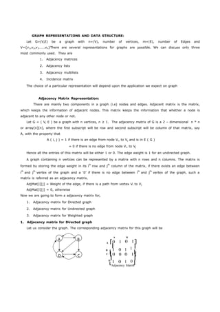 GRAPH REPRESENTATIONS AND DATA STRUCTURE: 
Let G=(V,E) be a graph with n=|V|, number of vertices, m=|E|, number of Edges and 
V={v1,v2,v3…….vn}There are several representations for graphs are possible. We can discuss only three 
most commonly used. They are 
1. Adjacency matrices 
2. Adjacency lists 
3. Adjacency multilists 
4. Incidence matrix 
The choice of a particular representation will depend upon the application we expect on graph 
Adjacency Matrix Representation: 
There are mainly two components in a graph (i.e) nodes and edges. Adjacent matrix is the matrix, 
which keeps the information of adjacent nodes. This matrix keeps the information that whether a node is 
adjacent to any other node or not. 
Let G = ( V, E ) be a graph with n vertices, n ≥ 1. The adjacency matrix of G is a 2 – dimensional n * n 
or array[n][n], where the first subscript will be row and second subscript will be column of that matrix, say 
A, with the property that 
A ( i, j ) = 1 if there is an edge from node Vi, to Vj and is in E ( G ) 
= 0 if there is no edge from node Vi, to Vj 
Hence all the entries of this matrix will be either 1 or 0. The edge weight is 1 for an undirected graph. 
A graph containing n vertices can be represented by a matrix with n rows and n columns. The matrix is 
formed by storing the edge weight in its ith row and jth column of the matrix, if there exists an edge between 
ith and jth vertex of the graph and a ‘0’ if there is no edge between ith and jth vertex of the graph, such a 
matrix is referred as an adjacency matrix. 
AdjMat[i][j] = Weight of the edge, if there is a path from vertex Vi to Vj 
AdjMat[i][j] = 0, otherwise 
Now we are going to form a adjacency matrix for, 
1. Adjacency matrix for Directed graph 
2. Adjacency matrix for Undirected graph 
3. Adjacency matrix for Weighted graph 
1. Adjacency matrix for Directed graph 
Let us consider the graph. The corresponding adjacency matrix for this graph will be 
A B 
D C 
A B 
A ⎡0 1 
⎢ 1 
B ⎢1 0 
C ⎢0 0 
⎢ 
⎣1 0 
0 1⎤ 
⎥ 
10 1⎥⎥ 
⎥ 
0 
1 ⎦ Adjacency Matrix 
D 
 