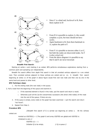 A D 
B 
G 
F C E 
A D 
B 
G 
F C E 
A D 
B 
G 
F C E 
d) 
 Since C is a dead end, backtrack to B, from 
there explore to D 
e) 
 From D it is possible to explore A, this would 
complete a cycle, but trees should not have 
cycles. 
 Again backtrack to B, from there backtrack to 
A, explore the path to F. 
f) 
 From F it is possible to traverse either A or C, 
but both the nodes are discovered nodes. So F 
is also a dead end. 
 From the above diagram it is possible to say 
that G and E are never traversed. 
Breadth First Search: 
Starting at vertex v and marking it as visited. BFS performs simultaneous explorations starting from a 
common point and spreading out independently. 
Breadth firs search differs from depth first search in that all unvisited vertices adjacent to v are visited 
next. Then unvisited vertices adjacent to these vertices are visited and so on. A breadth first search 
beginning at vertex v1 of the graph in above figure would first visit root node and then one by one in the 
same level and passes to other level. 
BFS Technique steps: 
1. Put the ending node (the root node) in the queue. 
2. Pull a node from the beginning of the queue and examine it. 
o If the searched element is found in this node, quit the search and return a result. 
o Otherwise push all the (so-far-unexamined) successors (the direct child nodes) of this node 
into the end of the queue, if there are any. 
3. If the queue is empty, every node on the graph has been examined -- quit the search and return 
"not found". 
4. Repeat from Step 2. 
Procedure BFS 
visited are 
//Breadth first search of G is carried out beginning at vertex v. All the vertices 
marked as VISITED(i) = 1.The graph G and array VISITED are global and VISITED is 
initialized to zero // 
VISITED (v) ← 1 
Initialize Q to be empty // Q is queue // 
 