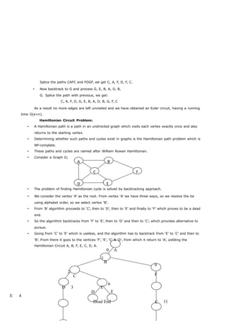 Splice the paths CAFC and FDGF, we get C, A, F, D, F, C. 
 Now backtrack to G and process G, E, B, A, D, B, 
G. Splice the path with previous, we get: 
C, A, F, D, G, E, B, A, D, B, G, F, C 
As a result no more edges are left unvisited and we have obtained an Euler circuit, having a running 
A B 
C F 
D E 
time O(e+n). 
Hamiltonian Circuit Problem: 
 A Hamiltonian path is a path in an undirected graph which visits each vertex exactly once and also 
returns to the starting vertex. 
 Determining whether such paths and cycles exist in graphs is the Hamiltonian path problem which is 
NP-complete. 
 These paths and cycles are named after William Rowan Hamiltonian. 
 Consider a Graph G; 
 The problem of finding Hamiltonian cycle is solved by backtracking approach. 
 We consider the vertex ‘A’ as the root. From vertex ‘A’ we have three ways, so we resolve the tie 
using alphabet order, so we select vertex ‘B’. 
 From ‘B’ algorithm proceeds to ‘C’, then to ‘D’, then to ‘E’ and finally to ‘F’ which proves to be a dead 
end. 
 So the algorithm backtracks from ‘F’ to ‘E’, then to ‘D’ and then to ‘C’, which provides alternative to 
pursue. 
 Going from ‘C’ to ‘E’ which is useless, and the algorithm has to backtrack from ‘E’ to ‘C’ and then to 
‘B’. From there it goes to the vertices ‘F’, ‘E’, ‘C’ & ‘D’, from which it return to ‘A’, yielding the 
Hamiltonian Circuit A, B, F, E, C, D, A. 
0 A 
1 
B 
9 
2 C F 
6 
D 3 E 
D F 
E 4 
Dead End C 11 
 