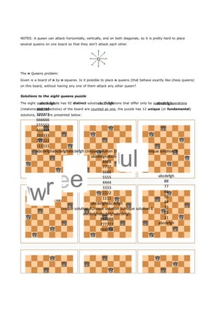 NOTES: A queen can attack horizontally, vertically, and on both diagonals, so it is pretty hard to place 
several queens on one board so that they don’t attack each other. 
The n Queens problem: 
Given is a board of n by n squares. Is it possible to place n queens (that behave exactly like chess queens) 
on this board, without having any one of them attack any other queen? 
Solutions to the eight queens puzzle 
The eight queens puzzle has 92 distinct solutions. If solutions that differ only by symmetry operations 
(rotations and reflections) of the board are counted as one , the puzzle has 12 unique (or fundamental) 
solutions, which are presented below: 
abcdefgh abcdefgh abcdefgh 
888888 
777777 
666666 
555555 
444444 
333333 
222222 
111111 
abcdefghabcdefghabcdefgh Unique solution 1Unique solution 2Unique solution 3 
abcdefgh 
88 
77 
66 
55 
44 
33 
22 
11 
abcdefgh 
abcdefghabcdefgh 
8888 
7777 
6666 
5555 
4444 
3333 
2222 
1111 
abcdefghabcdefgh 
Unique solution 4Unique solution 5Unique solution 6 
abcdefghabcdefghabcdefgh 
888888 
777777 
666666 
ee 
uul 
wwr 
 