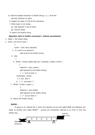 (ii) Add the Popped character to Postfix String. ( c ) Push the 
scanned character to stack. 
6. Repeat the steps 3-5 till all the characters 
7. While stack is not empty, 
(a) Add operator in top of stack 
(b) Pop the stack. 
8. Return the Postfix string. 
Algorithm Infix to Postfix conversion ( without parenthesis) 
1. Opstk = the empty stack; 
2. while ( not end of input ) 
{ 
symb = next input character; 
3. if ( symb is an operand ) 
add symb to the Postfix String 
4. else 
{ 
5. While( ! empty (opstk) && prec ( stacktop ( opstk), symb) ) 
{ 
topsymb = pop ( opstk ) 
add topsymb to the Postfix String; 
} / * end of while */ 
Push(opstk, symb); 
} /* end else */ 
6. } /* end while * / 
7. While( ! empty ( opstk ) ) 
{ 
topsymb = pop (opstk) 
add topsymb to the Postfix String 
} /* end of while */ 
8. Return the Postfix String. 
QUEUE : 
“A queue is an ordered list in which all insertions at one end called REAR and deletions are 
made at another end called FRONT”. queues are sometimes referred to as First In First Out 
(FIFO) lists. enqueue 
(Insertion) 
dequeue 
(Deletion) Front Rear 
 