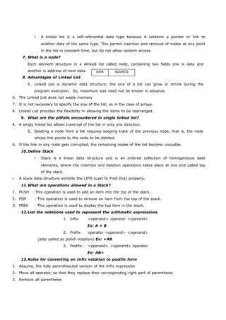  A linked list is a self-referential data type because it contains a pointer or link to 
another data of the same type. This permit insertion and removal of nodes at any point 
in the list in constant time, but do not allow random access. 
DATA ADDRESS 
7. What is a node? 
Each element structure in a slinked list called node, containing two fields one is data and 
another is address of next data. 
8. Advantages of Linked List 
5. Linked List is dynamic data structure; the size of a list can grow or shrink during the 
program execution. So, maximum size need not be known in advance. 
6. The Linked List does not waste memory 
7. It is not necessary to specify the size of the list, as in the case of arrays. 
8. Linked List provides the flexibility in allowing the items to be rearranged. 
9. What are the pitfalls encountered in single linked list? 
4. A singly linked list allows traversal of the list in only one direction. 
5. Deleting a node from a list requires keeping track of the previous node, that is, the node 
whose link points to the node to be deleted. 
6. If the link in any node gets corrupted, the remaining nodes of the list become unusable. 
10.Define Stack 
 Stack is a linear data structure and is an ordered collection of homogeneous data 
elements, where the insertion and deletion operations takes place at one end called top 
of the stack. 
 A stack data structure exhibits the LIFO (Last In First Out) property. 
11.What are operations allowed in a Stack? 
1. PUSH : This operation is used to add an item into the top of the stack. 
2. POP : This operation is used to remove an item from the top of the stack. 
3. PEEK : This operation is used to display the top item in the stack. 
12.List the notations used to represent the arithmetic expressions. 
1. Infix: <operand> operator <operand> 
Ex: A + B 
2. Prefix: operator <operand> <operand> 
(also called as polish notation) Ex: +AB 
3. Postfix: <operand> <operand> operator 
Ex: AB+ 
13.Rules for converting an Infix notation to postfix form 
1. Assume, the fully parenthesized version of the Infix expression 
2. Move all operator, so that they replace their corresponding right part of parenthesis 
3. Remove all parenthesis 
 