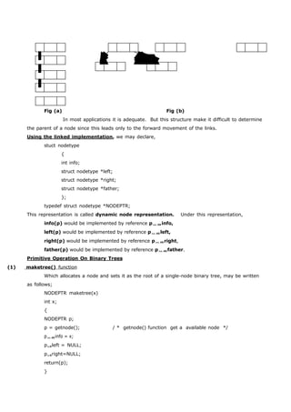 Fig (a) Fig (b) 
In most applications it is adequate. But this structure make it difficult to determine 
the parent of a node since this leads only to the forward movement of the links. 
Using the linked implementation , we may declare, 
stuct nodetype 
{ 
int info; 
struct nodetype *left; 
struct nodetype *right; 
struct nodetype *father; 
}; 
typedef struct nodetype *NODEPTR; 
This representation is called dynamic node representation. Under this representation, 
info(p) would be implemented by reference pinfo, 
left(p) would be implemented by reference pleft, 
right(p) would be implemented by reference pright, 
father(p) would be implemented by reference pfather. 
Primitive Operation On Binary Trees 
(1) maketree() function 
Which allocates a node and sets it as the root of a single-node binary tree, may be written 
as follows; 
NODEPTR maketree(x) 
int x; 
{ 
NODEPTR p; 
p = getnode(); / * getnode() function get a available node */ 
pinfo = x; 
pleft = NULL; 
pright=NULL; 
return(p); 
} 
 