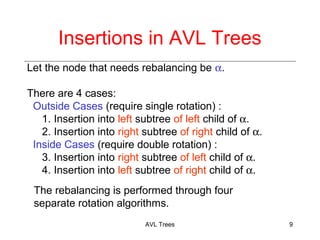 Insertions in AVL Trees
Let the node that needs rebalancing be a.
There are 4 cases:
Outside Cases (require single rotation) :
1. Insertion into left subtree of left child of a.
2. Insertion into right subtree of right child of a.
Inside Cases (require double rotation) :
3. Insertion into right subtree of left child of a.
4. Insertion into left subtree of right child of a.
The rebalancing is performed through four
separate rotation algorithms.
AVL Trees 9