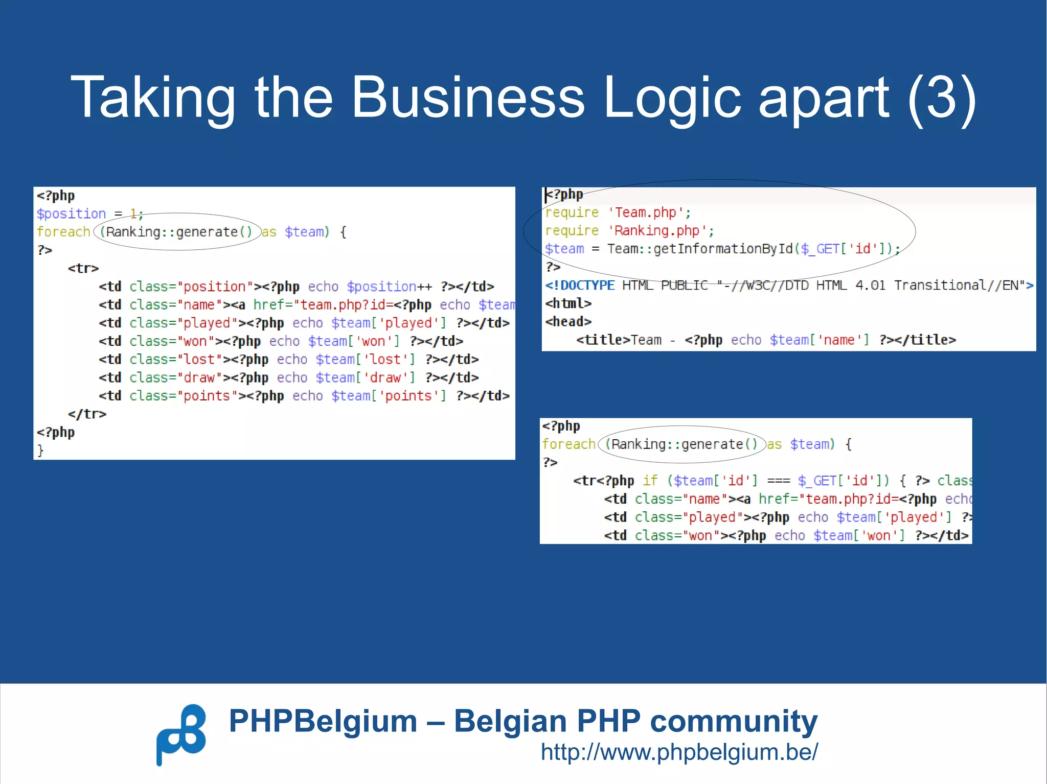 Taking the Business Logic apart (3)




      PHPBelgium – Belgian PHP community
                       http://www.phpbelgium.be/
 