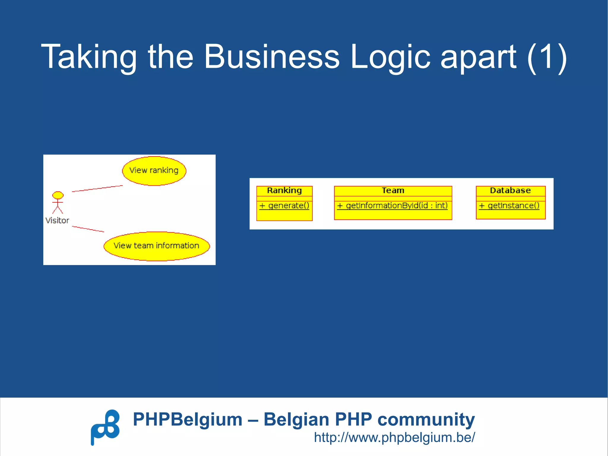 Taking the Business Logic apart (1)




      PHPBelgium – Belgian PHP community
                       http://www.phpbelgium.be/
 