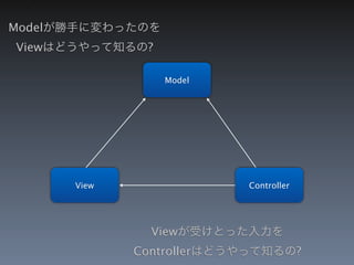 Modelが勝手に変わったのを
Viewはどうやって知るの?

                  Model




      View                Controller




               Viewが受けとった入力を
             Controllerはどうやって知るの?
 