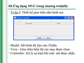 III.Ứng dụng MVC trong chương trình(8):
 Ví dụ 3: Thiết kế giao diện như hình sau




• Model: Mô hình dữ liệu cho JTable
• View: Giao diện hiển thị các mục được chọn
• Controller: Xử lý sự kiện khi một nút được nhấn
 