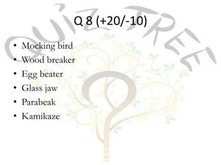 Q 8 (+20/-10)
•   Mocking bird
•   Wood breaker
•   Egg beater
•   Glass jaw
•   Parabeak
•   Kamikaze
 